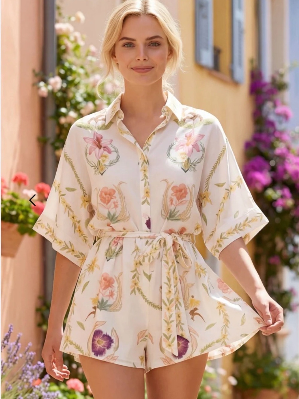 Women's Floral Print Summer Top & Shorts Set, Elegant Waist Tie Jumpsuit